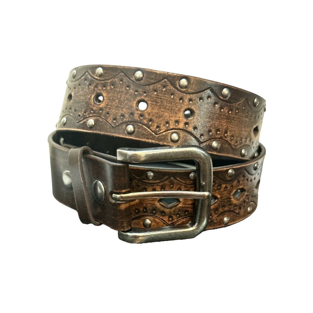 Men's Bonded Leather Western Belt Silver Buckle Cutouts Studded 36 EUC